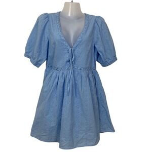 Forever 21 Women's M Light Blue Floral Eyelet Mini Dress Babydoll Coquette